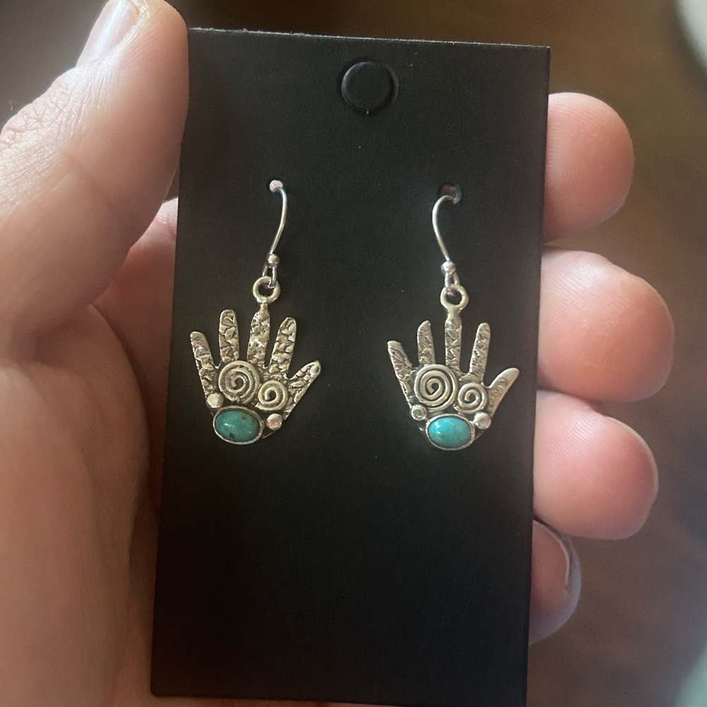 STERLING SILVER TURQUOISE ANCESTOR HAND STORY TELLER PICTO DANGLE EARRINGS .925